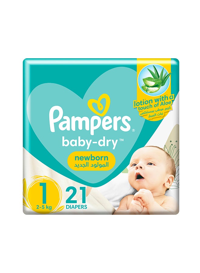 Baby-Dry Newborn Taped Diapers with Aloe Vera Lotion, Leakage Protection, Size 1, 2-5kg, Carry Pack, 21 Count