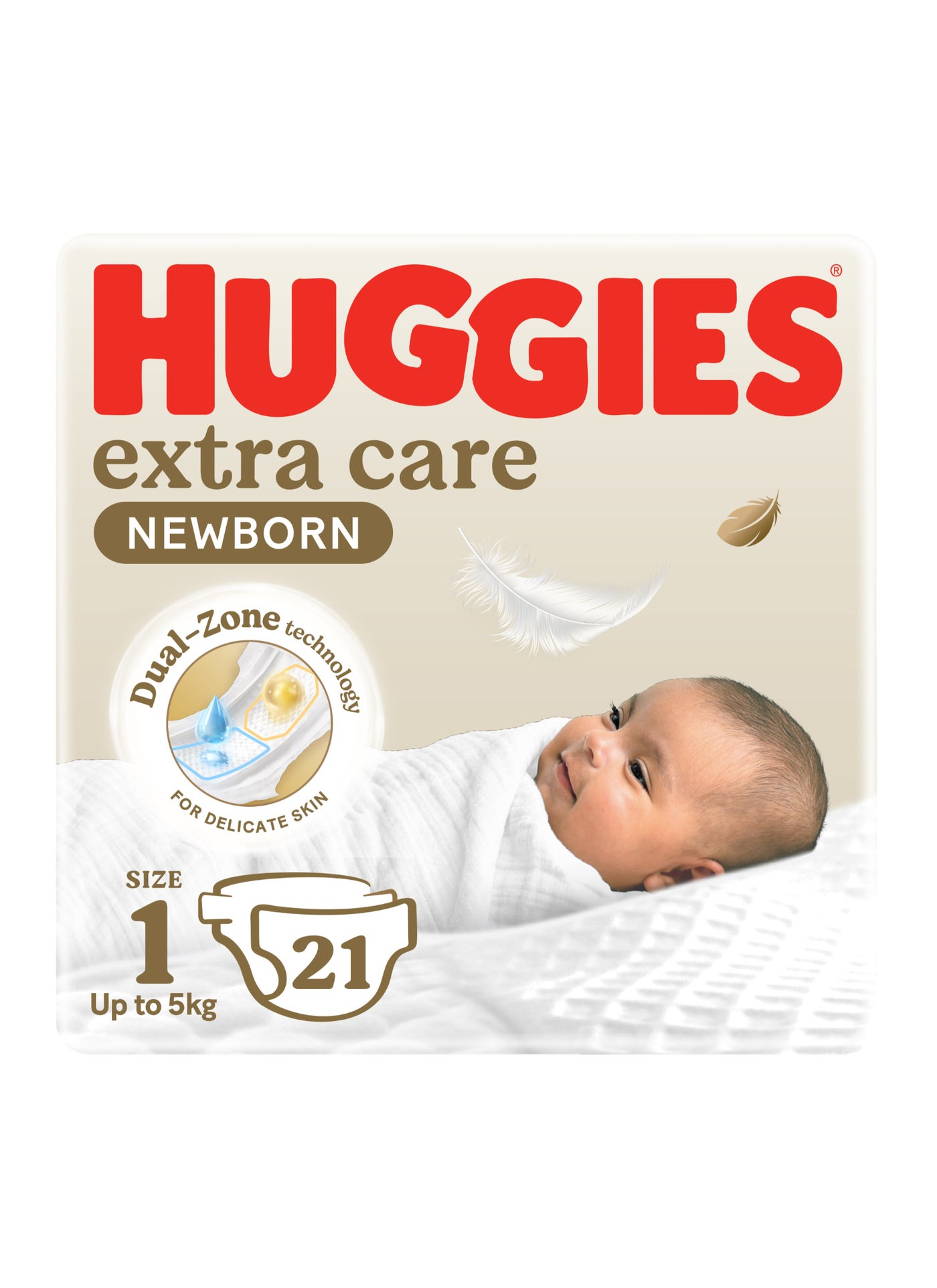 Huggies Extra Care Newborn Baby Diapers, Size 1 (Up to 5 kg), Carry Pack, 21 Diapers