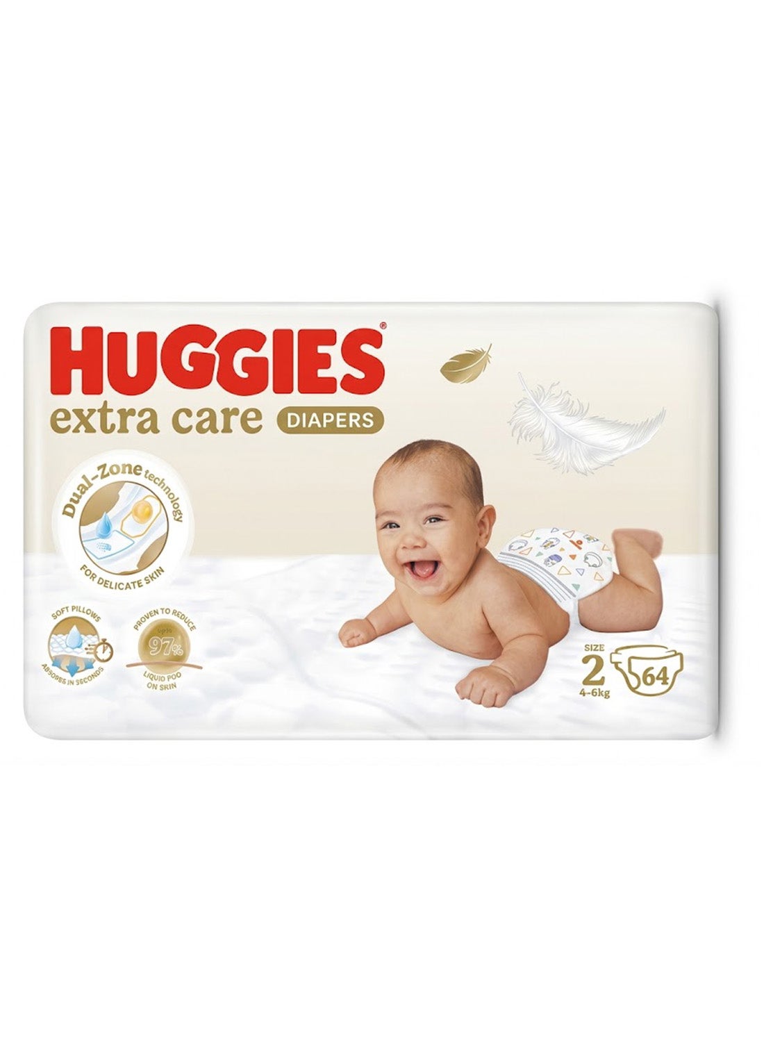 Huggies Extra Care Newborn Baby Diapers, Size 2 (4-6 kg), Jumbo Pack, 64 Diapers