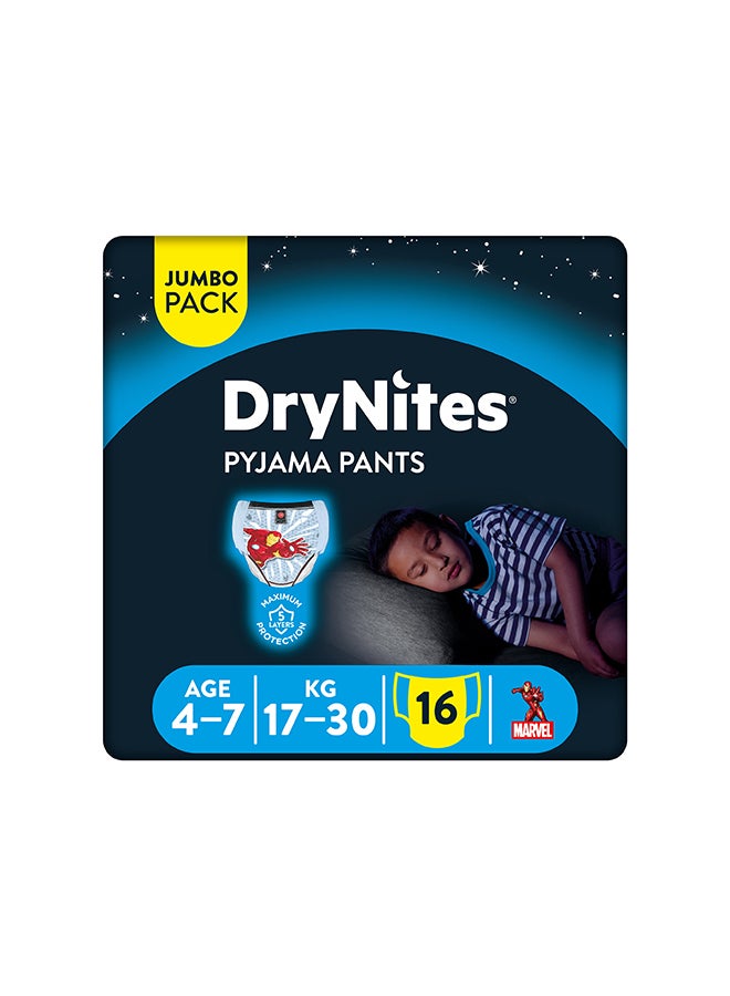 Huggies DryNites Pyjama Pants, 4-7 years, Bed Wetting Diaper, Boys, 17-30 kg, Jumbo Pack, 16 Pants