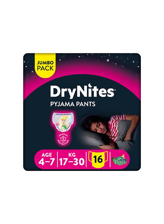 Huggies DryNites Pyjama Pants, 4-7 years, Bed Wetting Diaper, Girls, 17-30 kg, Jumbo Pack, 16 Pants