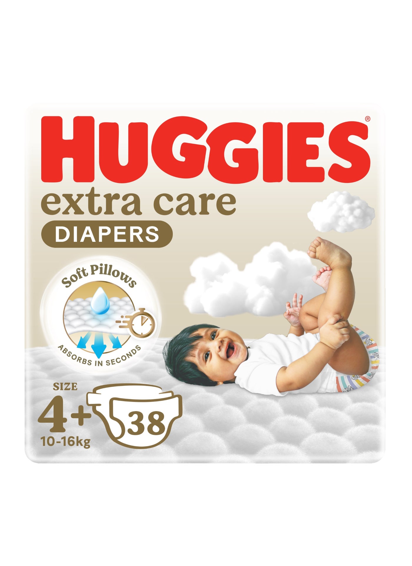 Huggies Extra Care Baby Diapers, Size 4+ (10-16 kg), Value Pack, 38 Diapers