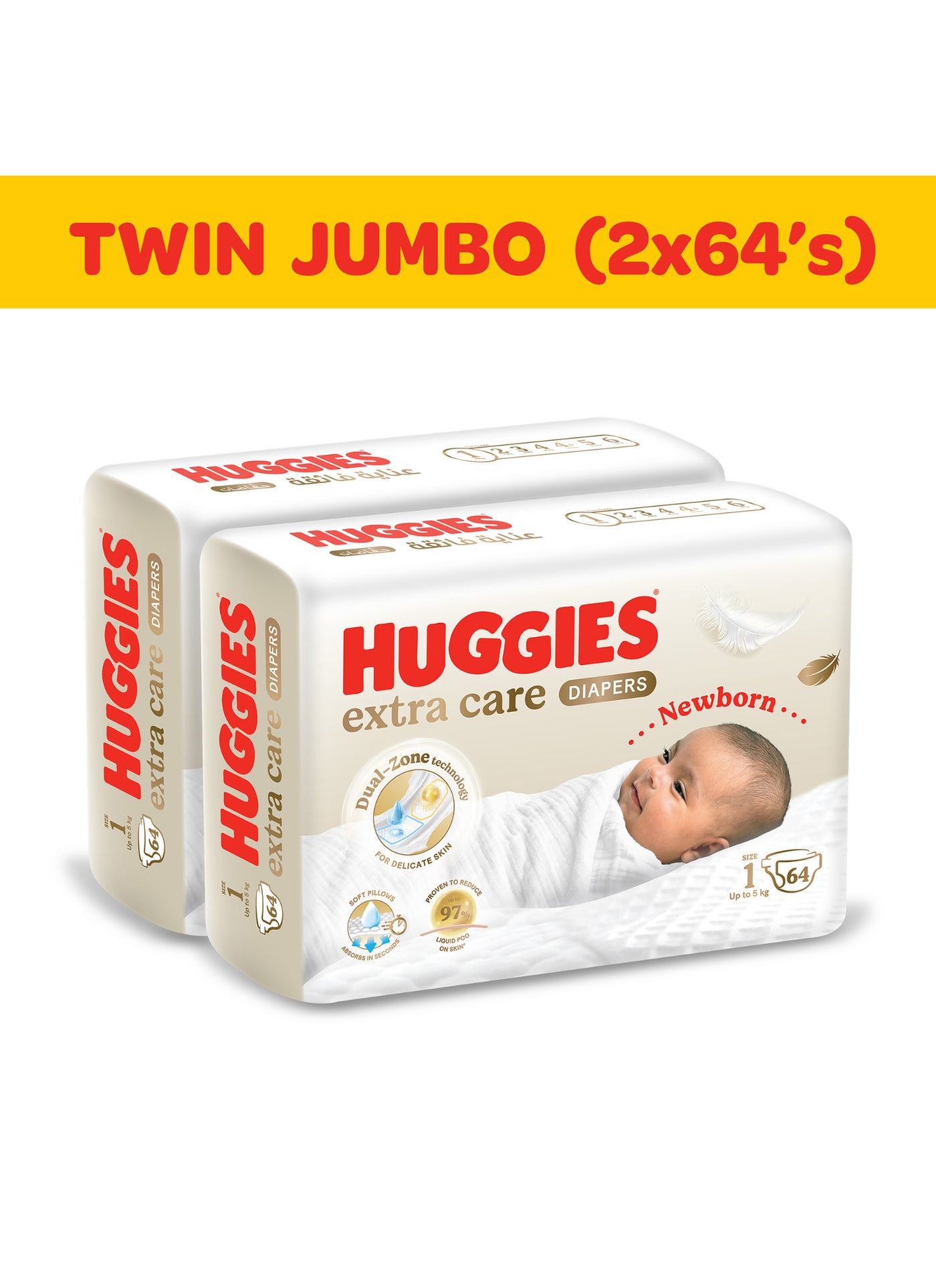 Huggies Extra Care Newborn Baby Diapers, Size 1 (Up to 5 kg), Twin Jumbo Pack, 128 Diapers