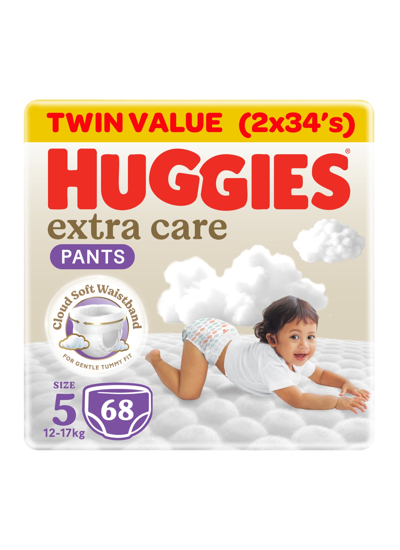 Huggies Extra Care Baby Culottes, Size 5 (12-17 kg), Mega Pack, 68 Diaper Pants