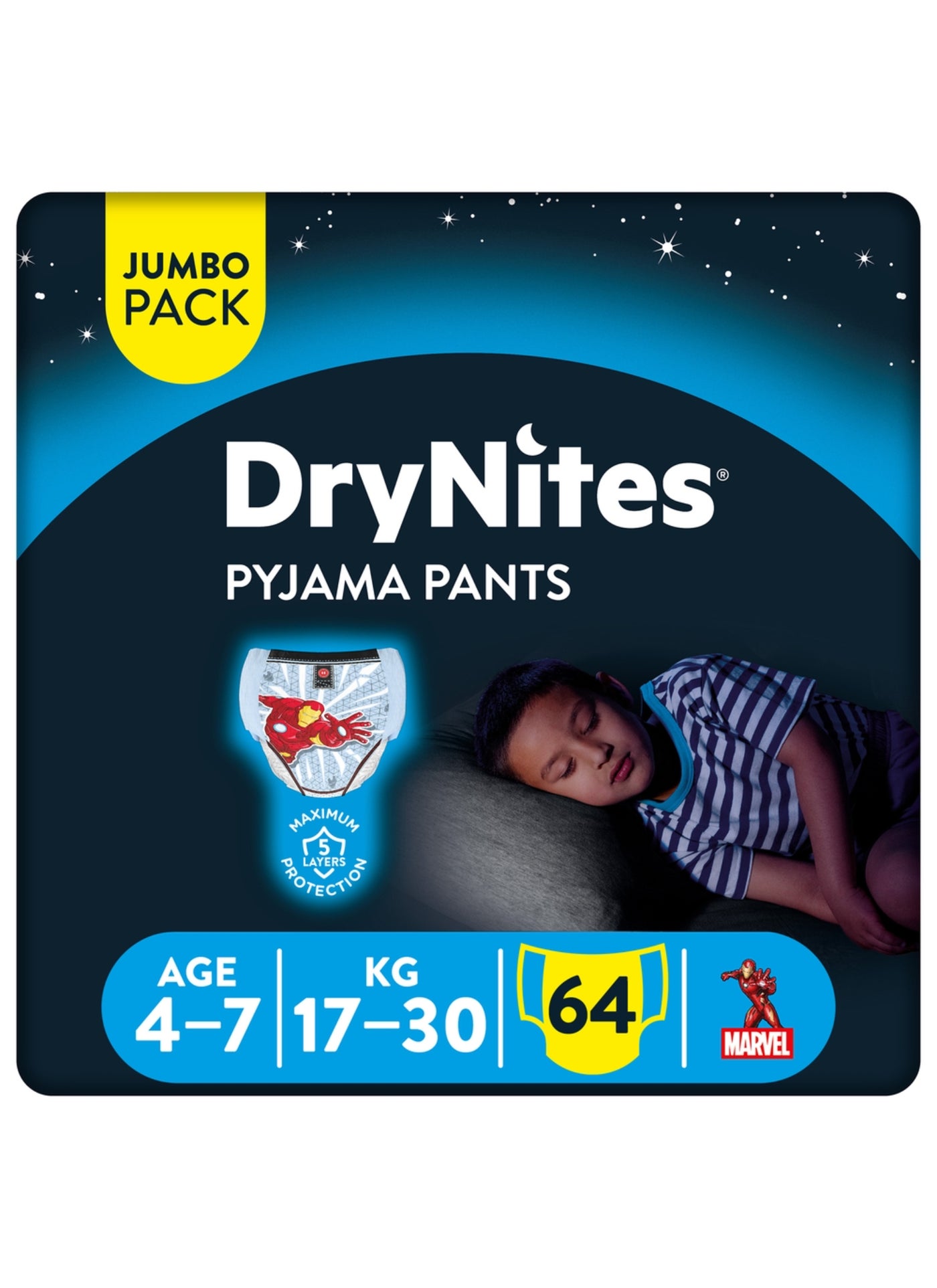 Huggies DryNites Pyjama Pants, 4-7 years, Bed Wetting Diaper, Boys, 17-30 kg, 4 x Jumbo Packs, 64 Pants