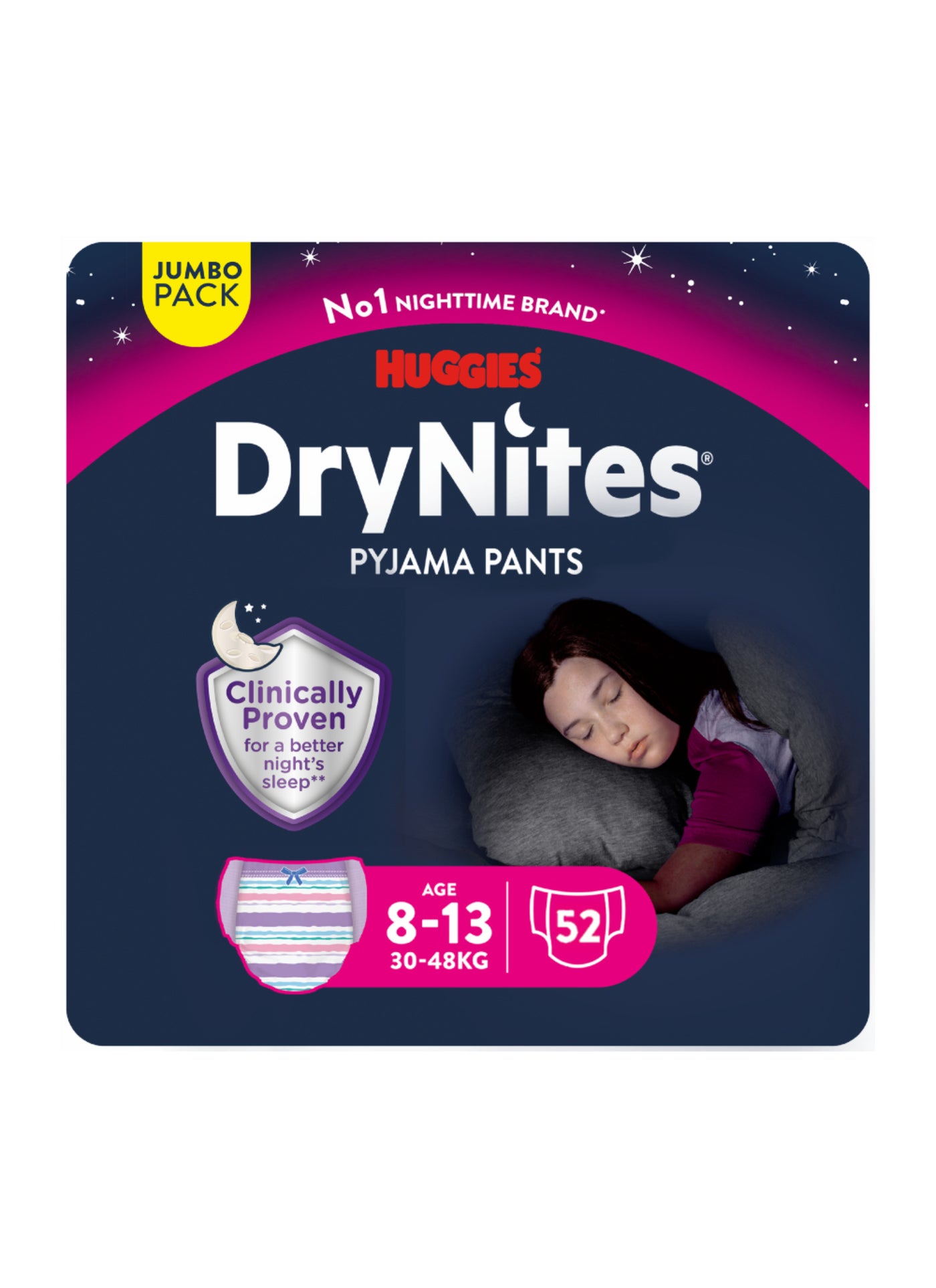 Huggies DryNites Pyjama Pants, 8-15 years, Bed Wetting Diaper, Girls, 27-57 kg, 4 x Jumbo Packs, 52 Pants