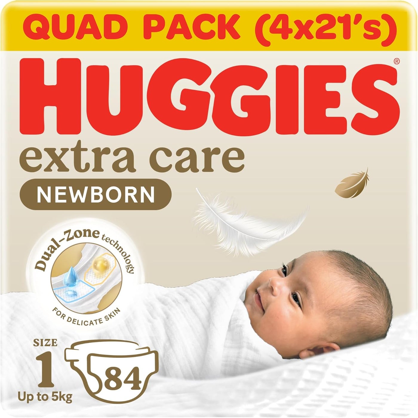 Huggies Extra Care Newborn Baby Diapers, Size 1 (Up to 5 kg), Mega Pack, 84 Diapers