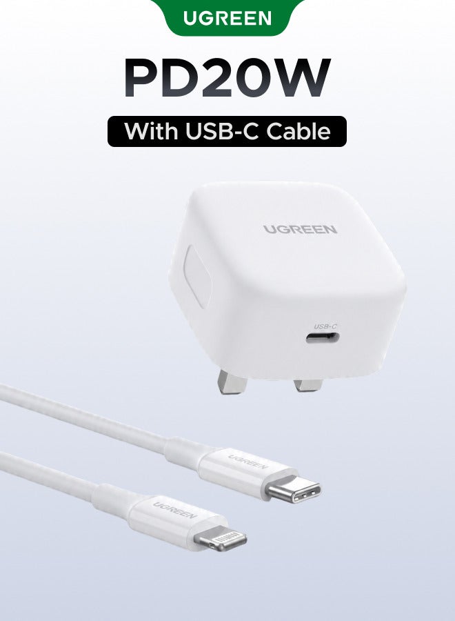 Ugreen USB C iPhone Charger with 1M Lightning Cable, Fast Charging Type-C Wall Plug Compatible with iPhone 14/14 Pro/14 Pro Max/14 Plus, 13/12/11/XS, iPad Mini 6/Pro – White White with Lightning cable