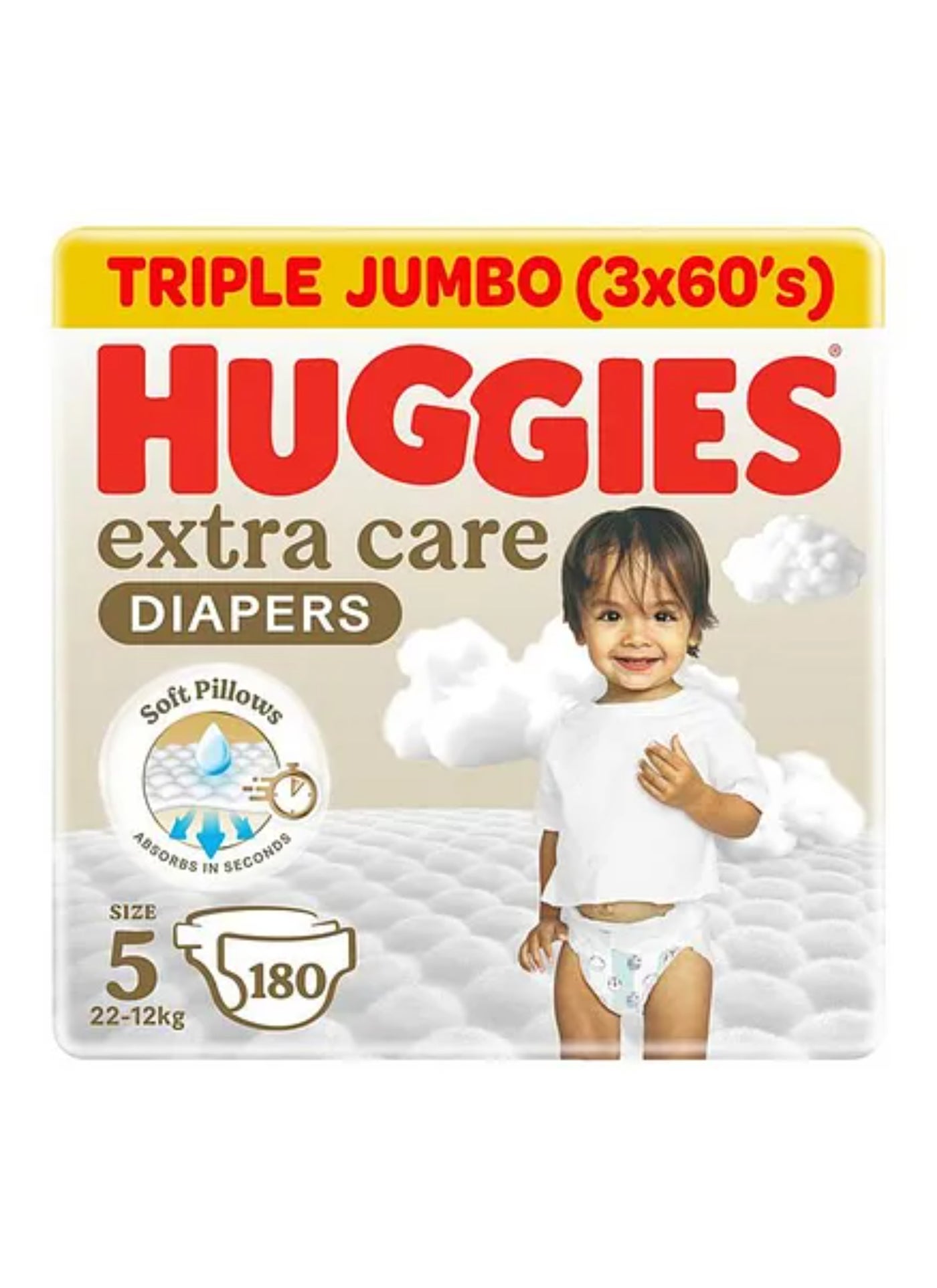 Huggies Extra Care Baby Diapers, Size 5 (12-22 kg), Super Mega Pack, 180 Diapers