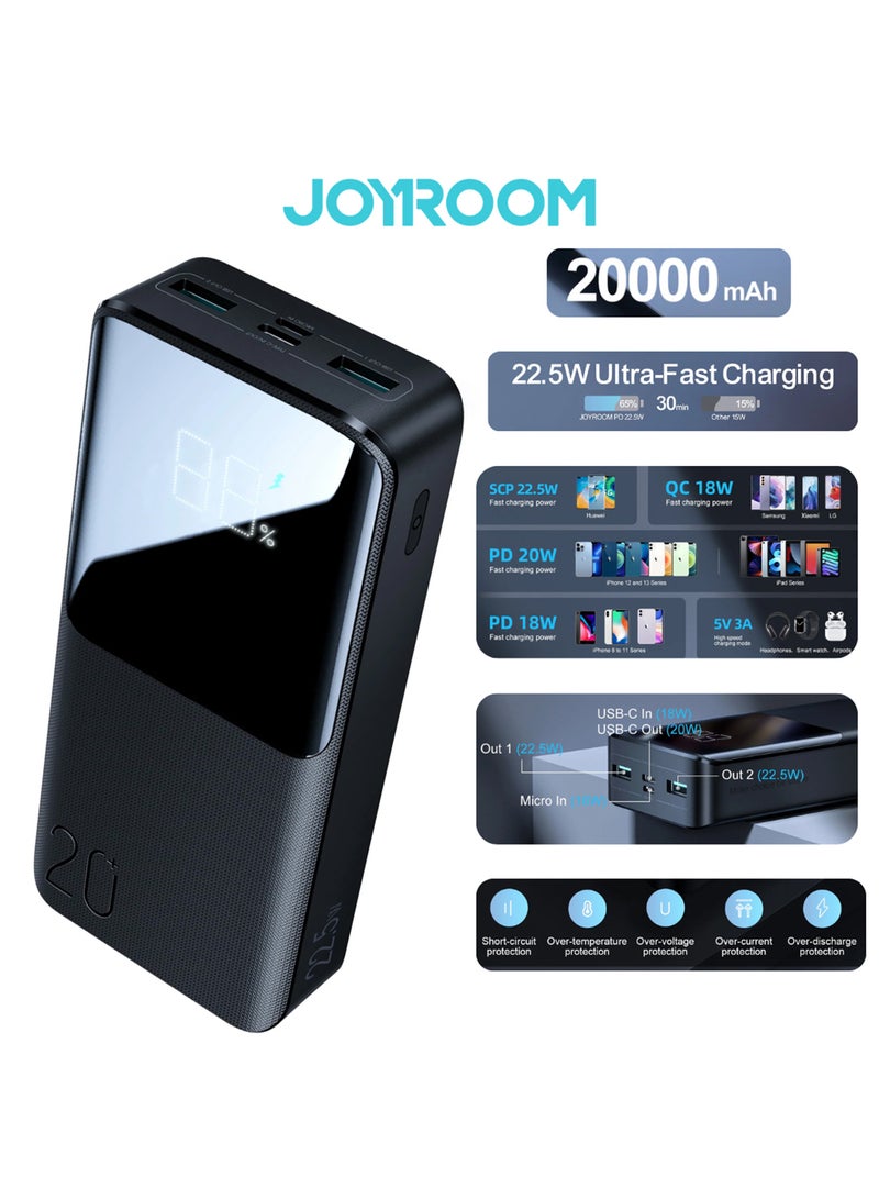 JR-QP192 20000mAh 22.5W Ultra Fast Charging Power Bank 2 Input 3 Output External Battery Pack Black