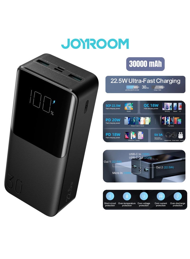 30000 mAh 30000mAh 2 Input 3 Output Power Bank Big LED Display PD 3.0 QC 3.0 External Battery Charger Black