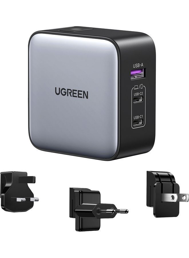 Nexode GaN 65W USB C Charger International Travel Charger Plug 3-Port Fast Wall Charger Head, US/UK/EU Plug Laptop Charger Compatible for MacBook, HP, Dell, Lenovo, iPhone, iPad, Galaxy, Switch, etc Grey