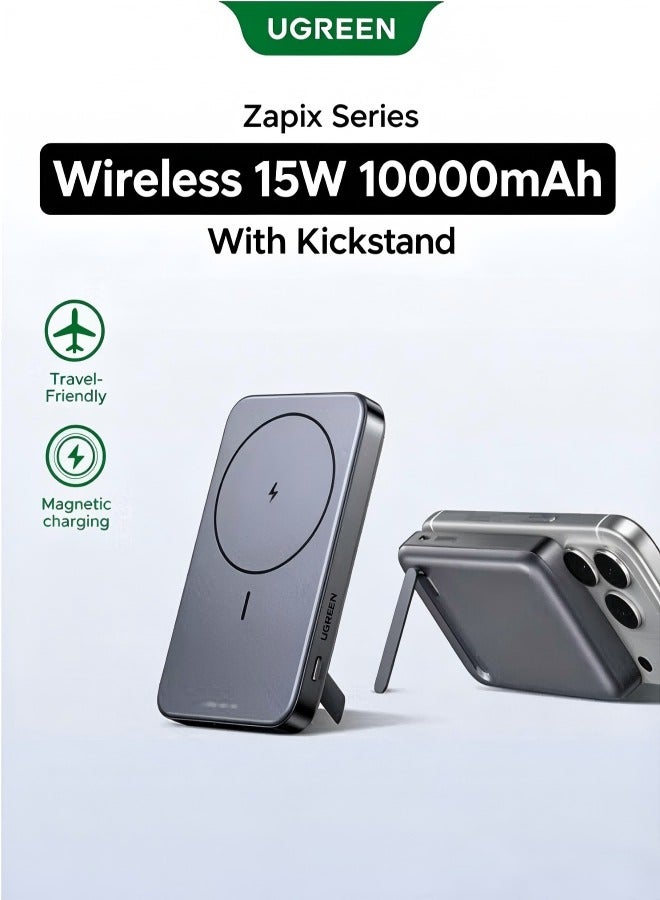 10000 mAh 10000 mAh Magsafe Power Bank 10000mAh 15W Wireless With Kickstand Wireless Portable Charger With PD 20W USB-C Port, 22.5W USB-A Port Fast Charging For MagSafe Battery Pack iPhone, Flight Approved Grey with Stand