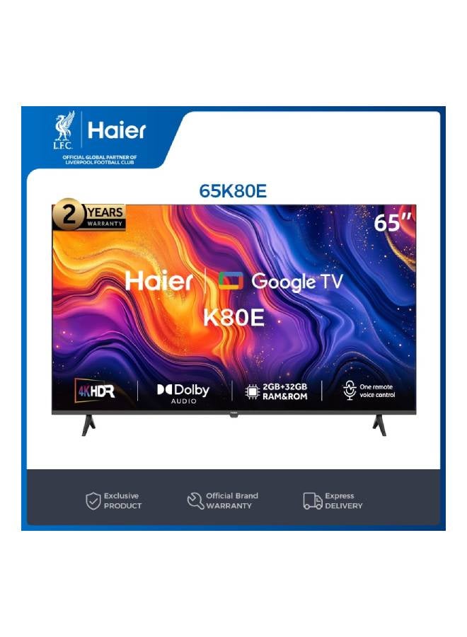 65 Inch 4K UHD Smart Google TV - Dolby Audio - Stereo Speaker - MEMC/VRR/ALLM  - 2+32GB RAM/ ROM - Voice Control - HDR10 - Chromecast- HDMI 2.1 - Bezel-Less Design - H65K80EU Black