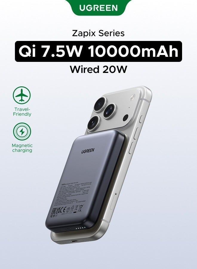 Ugreen 10000 mAh 10000 mAh Wireless Power Bank Magnetic MagSafe Wireless Portable Charger Fast Charging Charger PD 20W Wired Charging iPhone MagSafe Charger Battery Pack For iPhone 18 Pro, iPhone 18 Pro Max, iPhone Duo, iPhone 16 15 Series Apple Watch S10 Airpods Grey