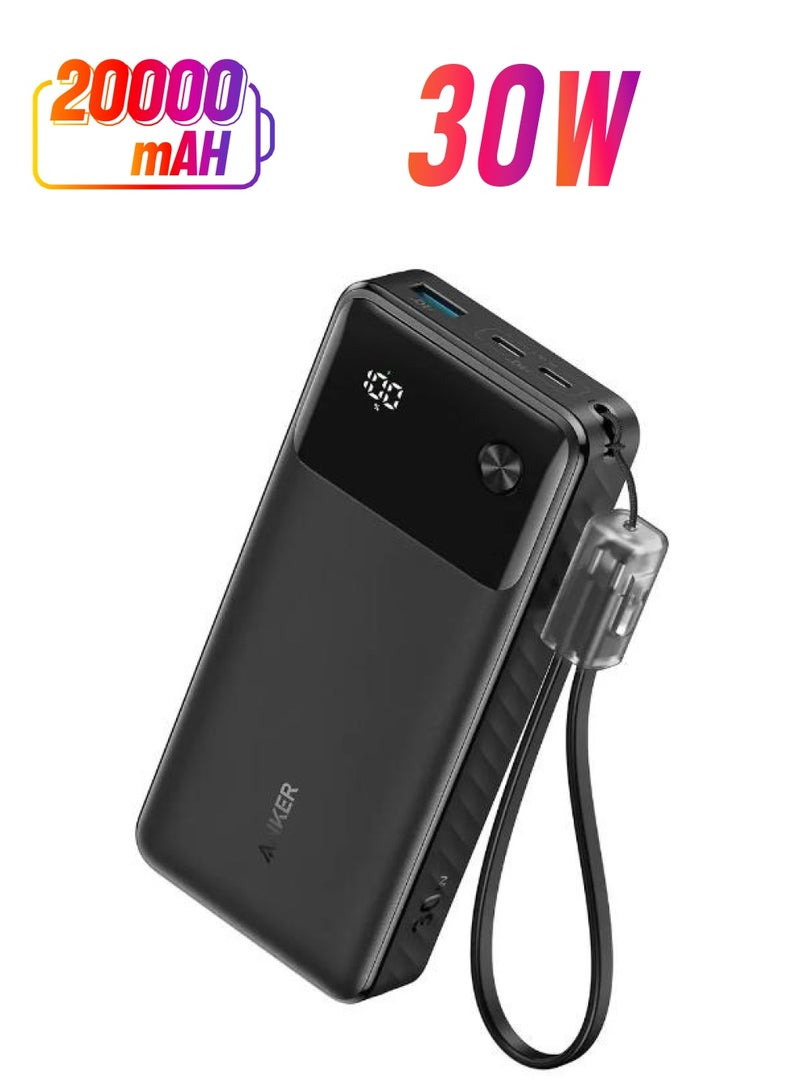 Anker 20000 mAh A1384H11 Powercore Power bank 20000mAh 30W Portable Charger with USB C Cable Lanyard-black Black