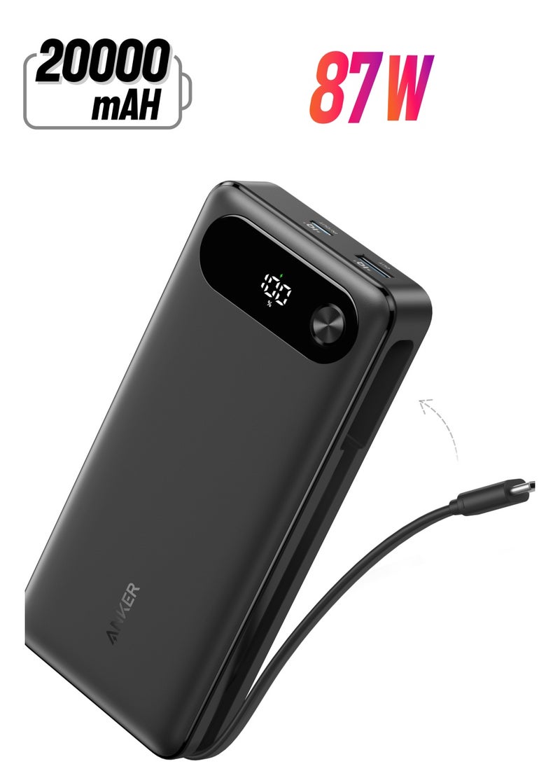 20000 mAh Power Bank 20,000 mAh, 87W Total Output with Built-in USB-C Cable & 1 USB-C and 1 USB-A Black