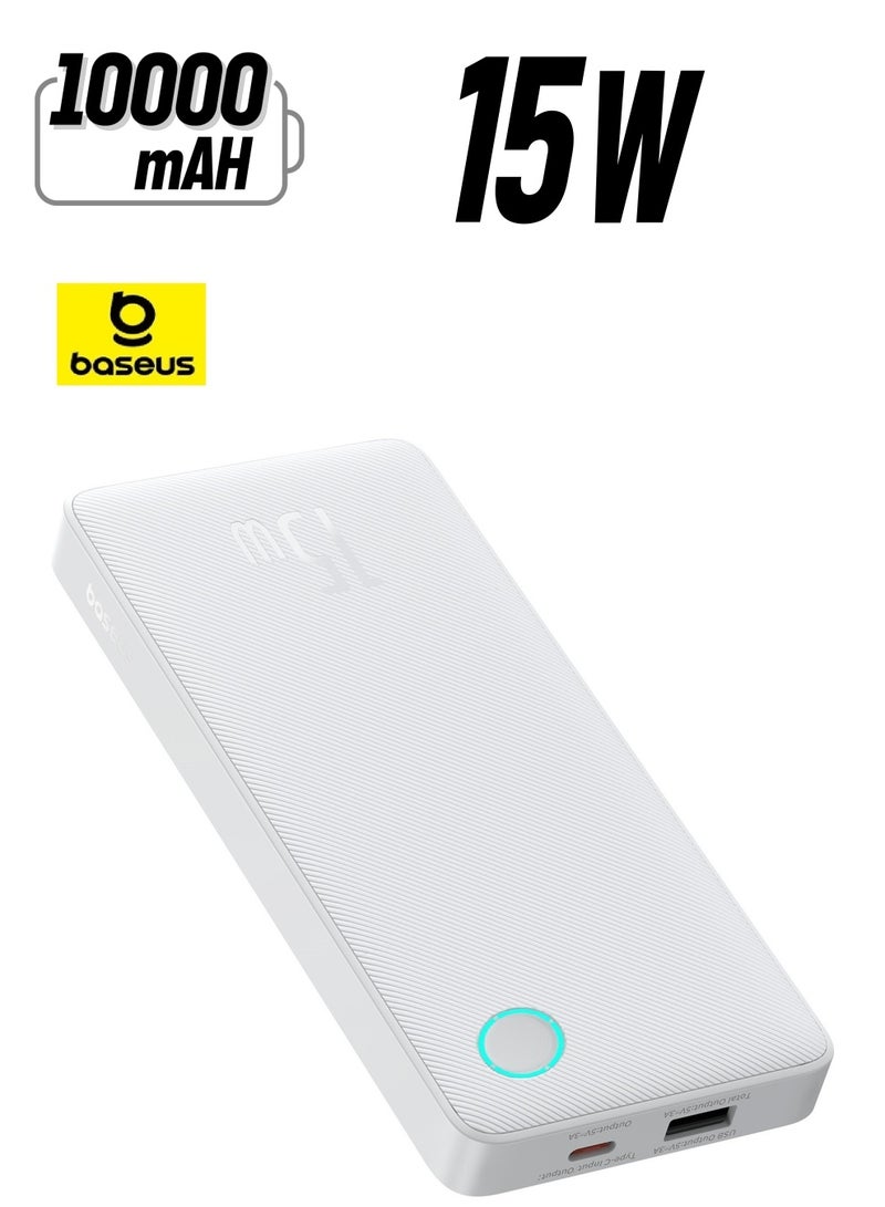 Baseus 10000 mAh Portable Power Bank, High-Capacity USB-C Charger with PD USB-C Port and QC USB-A Ports, 15W Fast Charging Battery Pack, Compatible with iPhone 16 Plus, 16 Pro, 16 Pro Max, 15, 14, 13, 12 Series, Samsung Galaxy S24/S23, iPad Air/Pro, Tablets, and Other Devices, Compact and Lightweight Design White