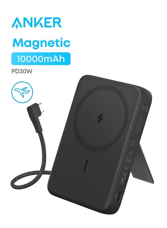 10000 mAh Anker Zolo Magnetic Power Bank, 10,000mAh Wireless Portable Charger with 30W Max Fast Charging, Battery Pack with Built-in USB-C Cable and Adjustable Stand, for iPhone 17/16/15/14/13/12 Series, AirPods, and More (Black) Black+Built-in USB-C Cable