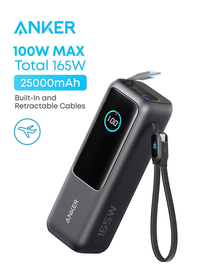 25000 mAh Anker Power Bank, 25,000mAh 165W Ultra-Fast Portable Charger for Dual Laptops, Fast Charging Battery Pack with Built-In and Retractable Cables, For iPhone 17/17 & More Series, Samsung, and More (Black) Black