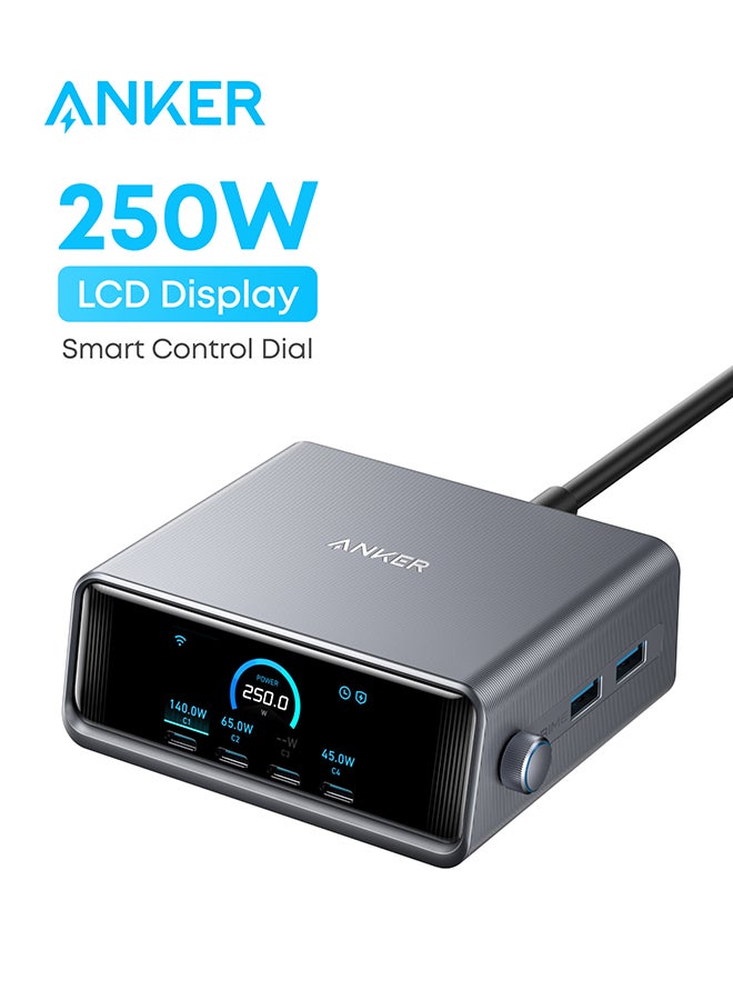 Anker Prime 250W USB C Charger, Ultra-Fast 6-Port GaN Charging Station, 2.26" LCD Display and Smart Control Dial, Compatible with MacBook Pro/Air, iPhone 17/16/15, Huawei, Samsung, iPad and More (Silver) Silver