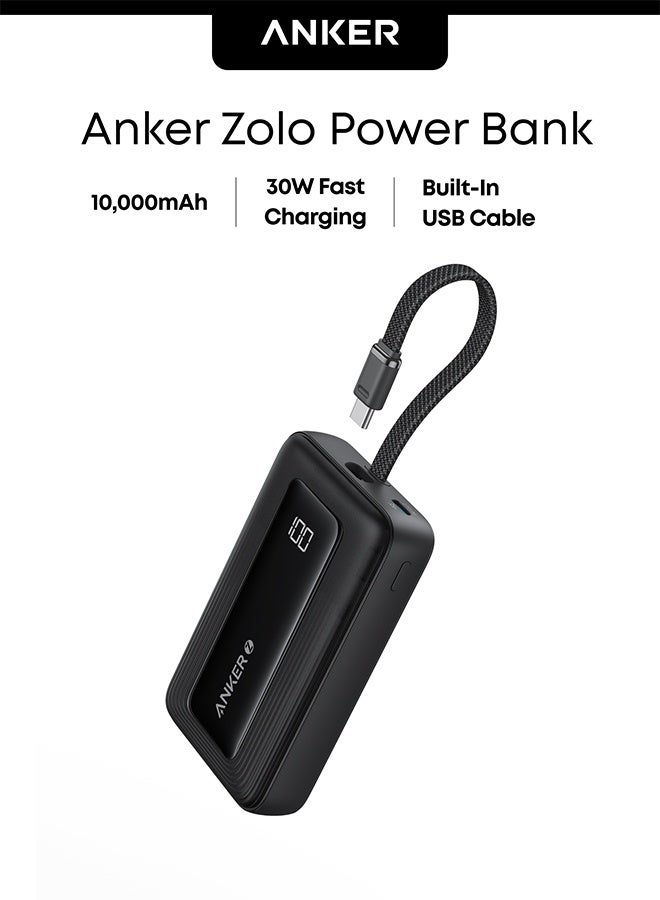 10000 mAh Zolo Power Bank, 10,000mAh 30W High-Speed Portable Charger with Built-In USB-C Cable, Battery Pack For iPhone 17/17 Air/17 Pro/17 Pro Max/16 Series, Galaxy, and More (Black, 10000 mAh) Black