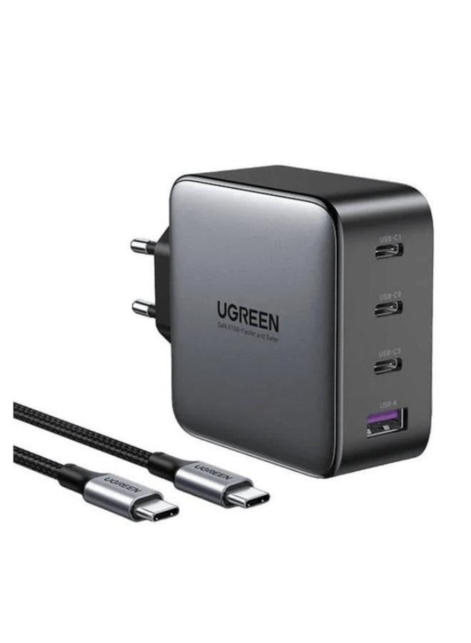 USB-A 3xUSB-C 100W GaN Wall Charger USB-C Cable Black