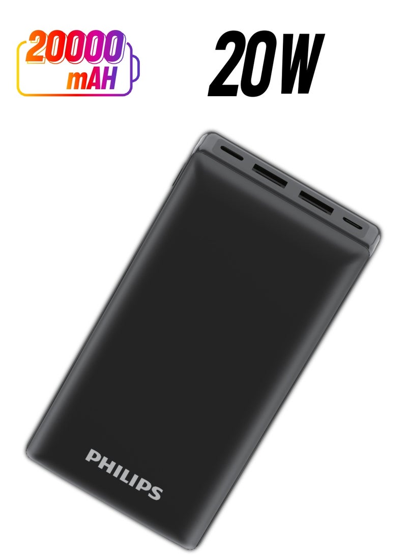 20000 mAh Battery Power Bank, 20W, USB-A And USB-C Ports For for Smartphones, Tablets, Airpods And USB-C Devices - Black