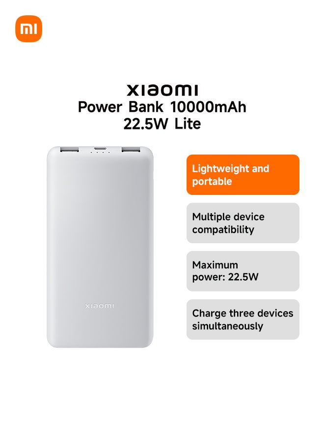 10000 mAh Power Bank Lite, 22.5W Fast Charging, USB-C & 2 USB Ports - Light Gray