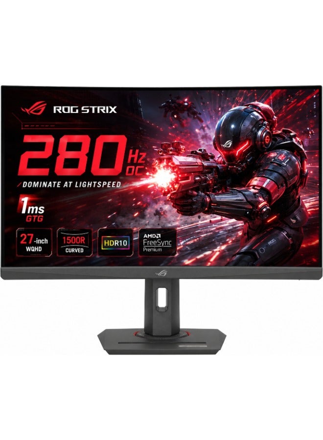 27 inch ROG Strix WQHD Fast VA Curved Gaming Monitor, 280Hz OC Refresh Rate, 1ms GTG, 1500R Curve, 95% DCI-P3, HDR10, VESA DisplayHDR 400, ELMB SYNC, AMD FreeSync Premium, HDMI 2.1, DisplayPort 1.4, DisplayWidget Center, VESA Mount, Anti-Glare, 90LM09Y1-B01370 XG27WCMS Black 27 inch Black