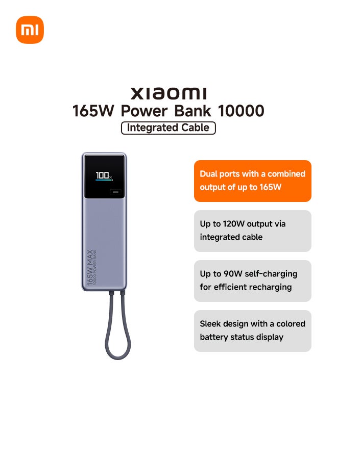 10000 mAh 165W Power Bank 10000mAh Ultra-fast charging Integrated USB-C Cable LED Display Gray