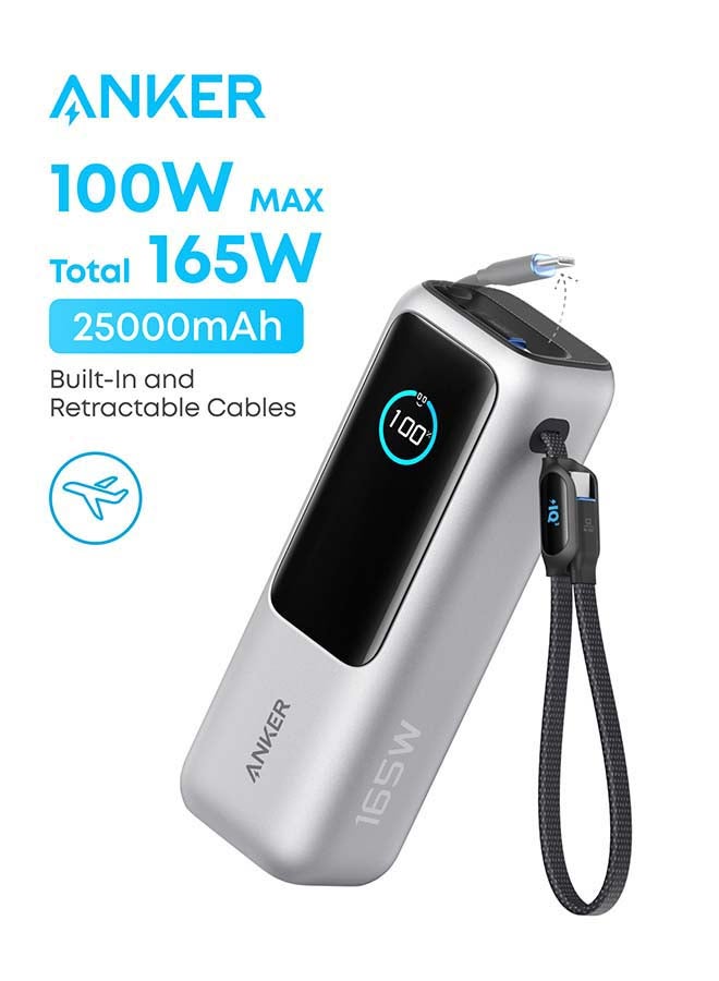25000 mAh Power Bank, 25,000mAh 165W Ultra-Fast Portable Charger for Dual Laptops, Fast Charging Battery Pack with Built-In and Retractable Cables, For iPhone 17/16 Series, Samsung, and More Silver