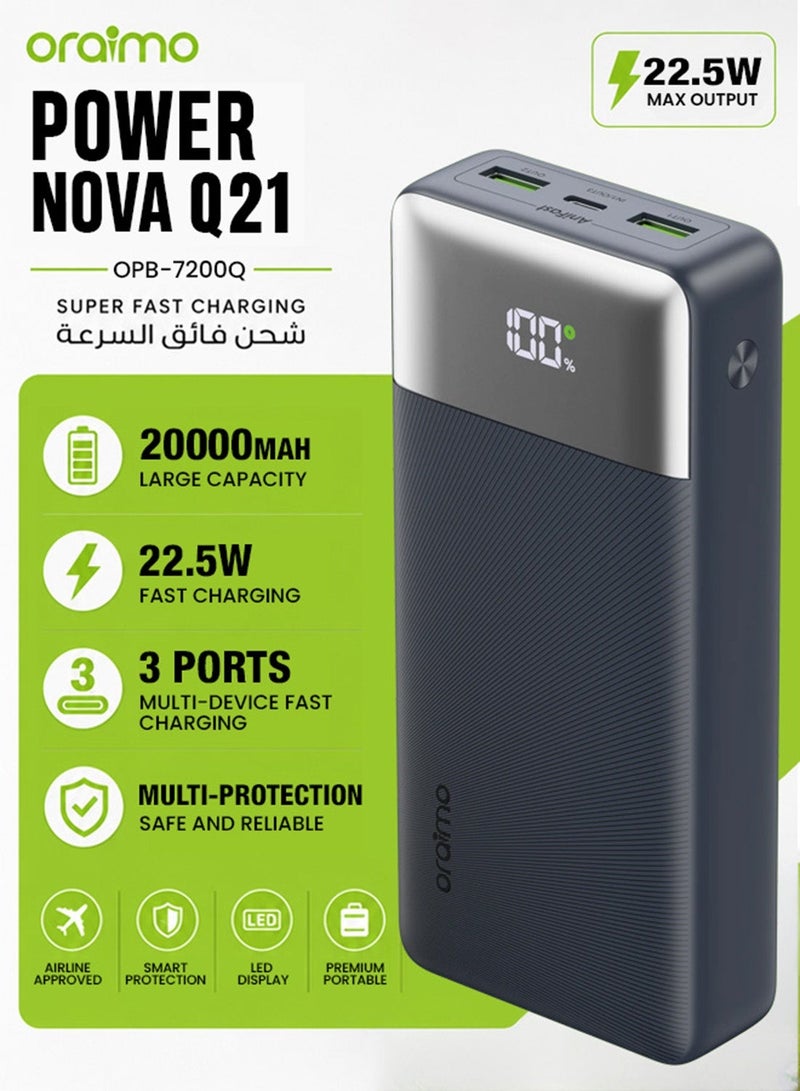 20000 mAh 20000mAh Large Capacity Power Bank Portable Charger – 22.5W Fast Charging With Cable, Two-Way Wired USB-C and USB-A ports Simultaneous Charging for Smartphones, Tablets, Gaming Devices, Bluetooth & More – Compact, Travel-Friendly, Slim fit, With Digital Display for On-the-Go Power Anywhere - OPB-7200Q Speed Black