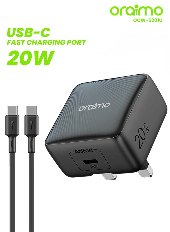 Wall Charger PowerCube 20 Chic USB-C Port 20W With USB-C Cable - Black