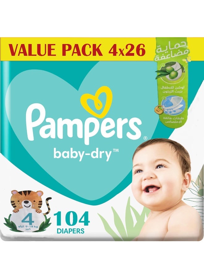 Baby Dry Taped Diapers, Size 4, 9-18 kg, Baby Lotion with Olive Oil, 104 Diapers