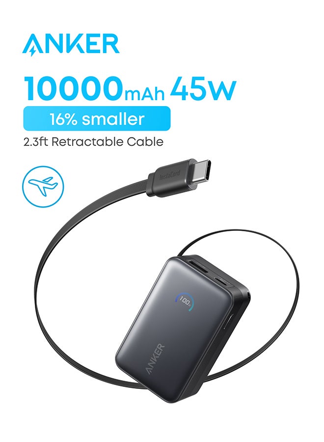 Anker 10000 mAh Anker Nano Power Bank, 10,000mAh Portable Charger With 0.7m InstaCord Retractable Cable, 45W Max Compact Battery Pack, Smart Display, for iPhone 16 Series, iPad, Galaxy, Pixel, and More (Black) Black