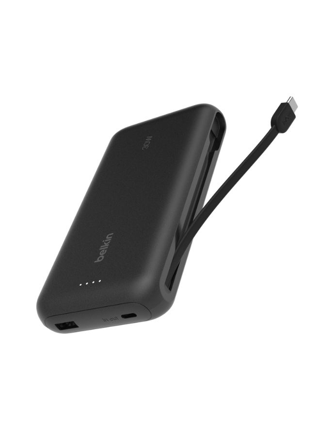 20000 mAh BoostCharge PowerBank 20K | Built-in USB-C Cable, Fast 30W PD Output, 4.7in/12cm Integrated USB-C cable, Charge 3x Devices Same Time, LED indicator, Pre-charged ready for Use - Black Black