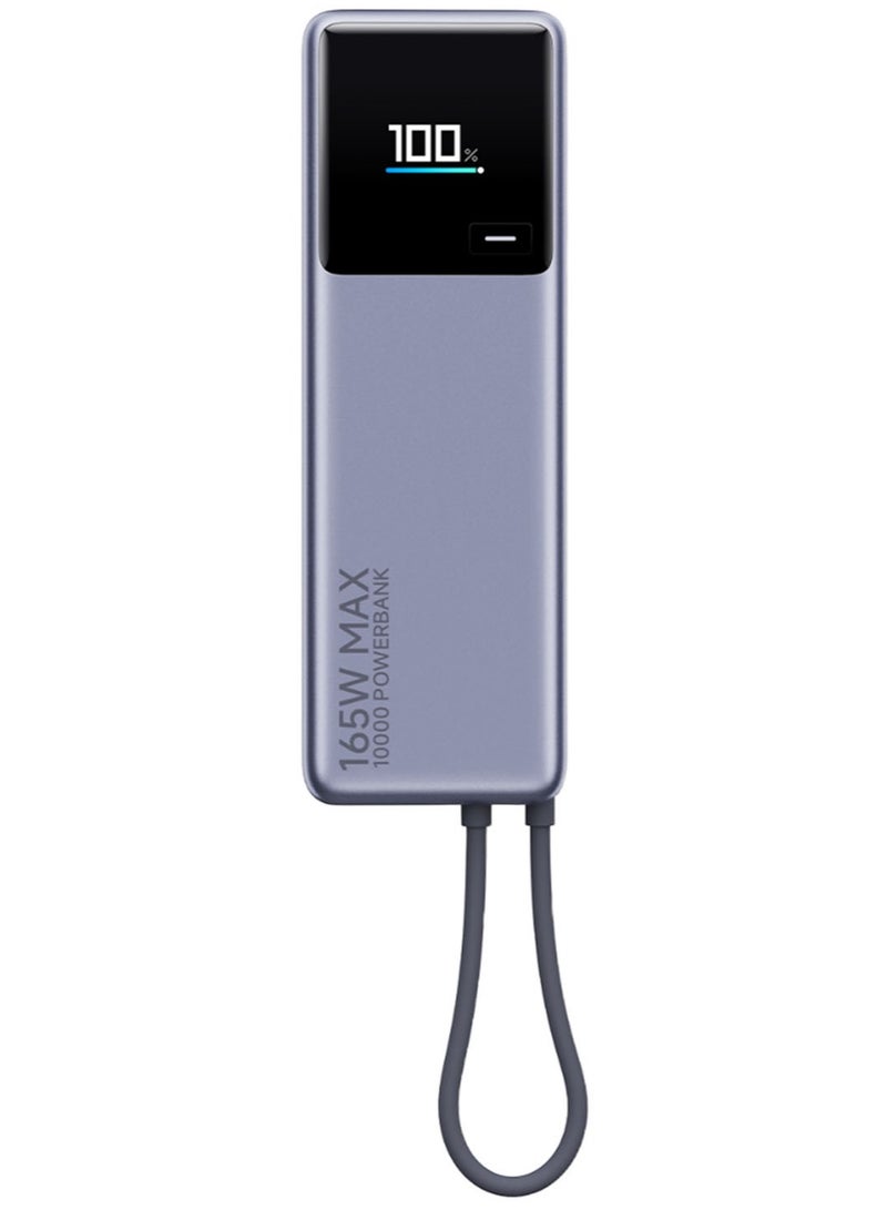 10000 mAh 165W 36Wh 10000mAh Power Bank Integrated USB-C Cable LED Display External Battery Power Supply with 2 Inputs & 2 Outputs Support PD2.0/3.0 QC2.0/3.0-PB1165MI Grey