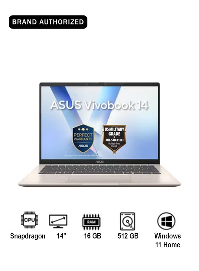 X1407QA-LY045W Vivobook Laptop with 14-Inch WUXGA Display,Snapdragon X1-26-100 Processor/16GB RAM/512GB SSD/Qualcomm Adreno GPU/Windows 11 English Platinum Gold