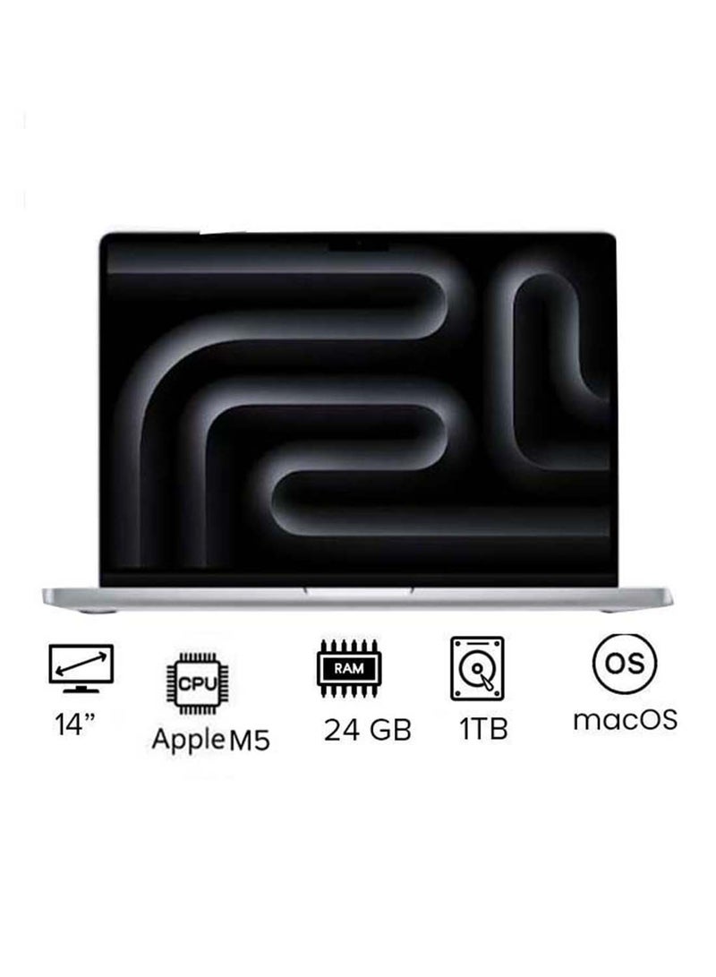 MacBook Pro MDE64 | 14 Inch Display | Apple M5 Chip | 10-Core CPU And 10-Core GPU | 24GB RAM | 1TB SSD | macOS |International Version | English Silver