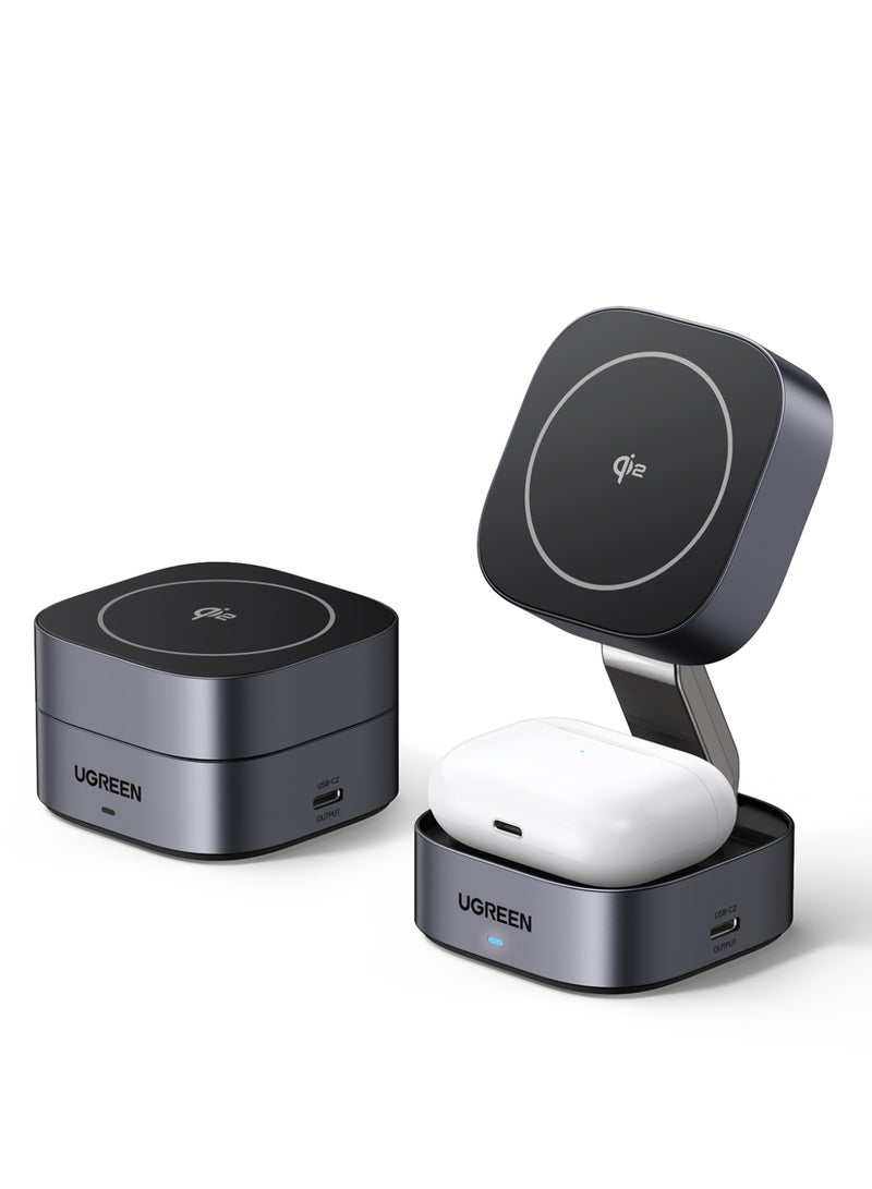 2-in-1 MagFlow Qi2 Wireless Charging Station 15W, Magnetic Wireless Charger Fast Charging for iPhone 16 15 Series, AirPods, iWatch, Magsafe Charger Stand Foldable 360° Adjustable With 1M USB C Cable 2 IN 1 15W