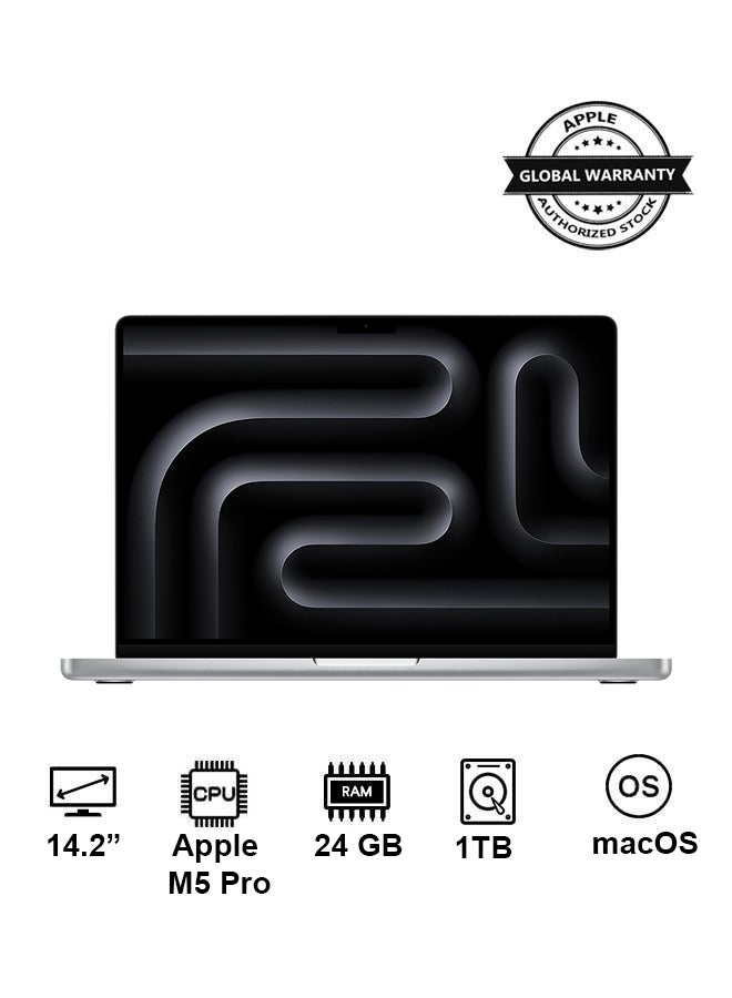 New 2026 MacBook Pro MGDN4 | 14.2 Inch Display | Apple M5 Pro Chip 15-Core CPU 16-Core GPU | 24GB RAM | 1TB SSD | macOS | English Keyboard | International Version | Silver