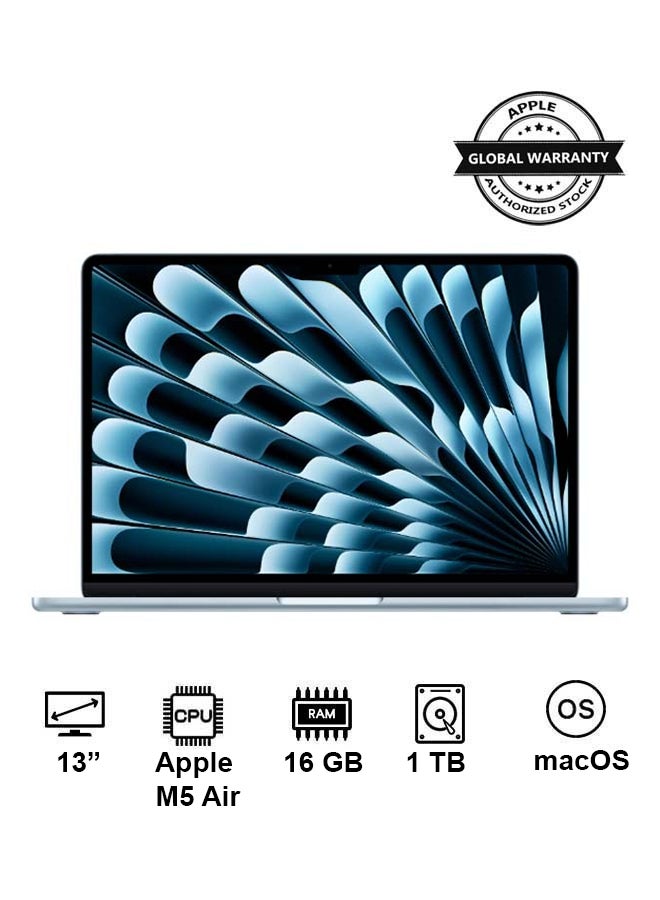 New 2026 MacBook Air MDHJ4 | 13 Inch Display | Apple M5 Air  | 10-Core CPU 10-Core GPU | 16GB RAM | 1TB SSD | macOS | English Keyboard | International Version | Sky Blue