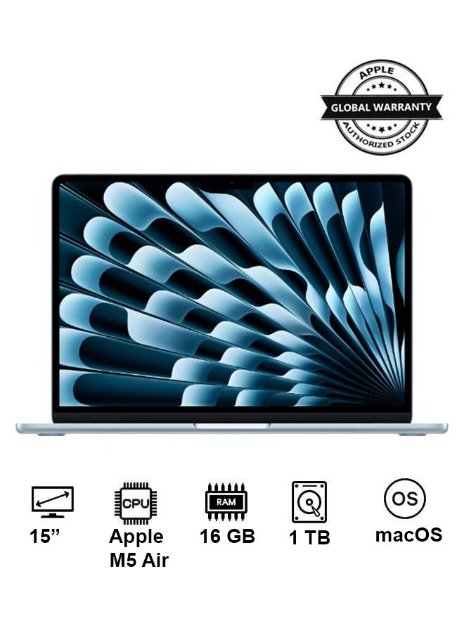 New 2026 MacBook Air MDVT4 | 15 Inch Display | Apple M5 Air  | 10-Core CPU 10-Core GPU | 16GB RAM | 1TB SSD | macOS | English Keyboard | International Version | Sky Blue