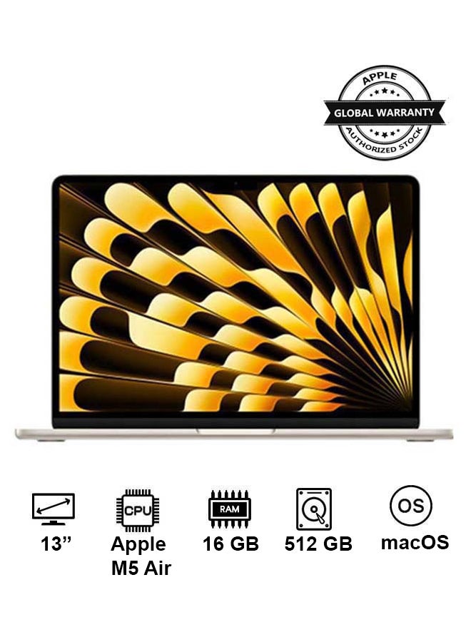 New 2026 MacBook Air MDHA4 | 13 Inch Display | Apple M5 Air | 10-Core CPU 8-Core GPU | 16GB RAM | 512GB SSD | macOS | English/Arabic Starlight