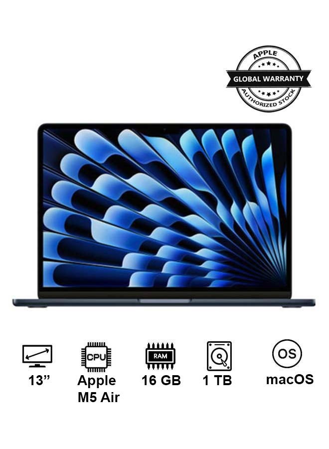 New 2026 MacBook Air MDHF4 | 13 Inch Display | Apple M5 Air  | 10-Core CPU 10-Core GPU | 16GB RAM | 1TB SSD | macOS | English Keyboard | International Version | Midnight