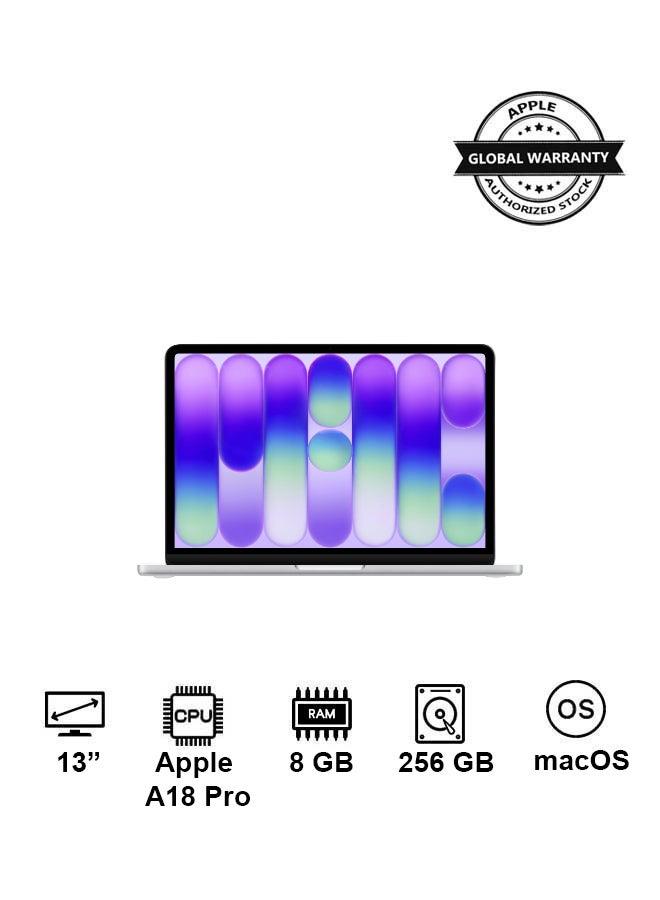 MacBook Neo | 13-Inch Display | A18 Pro, 6-core CPU, 5-core GPU, 16-core Neural Engine Processor | 8GB RAM | 256GB SSD| English Keyboard | International Version | Silver