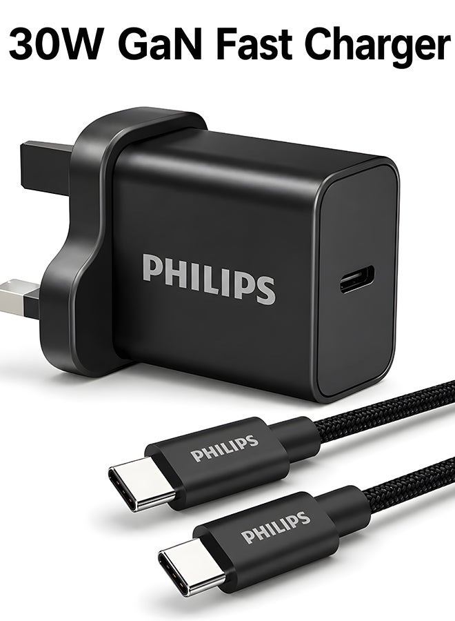 Philips 30W GaN Fast Wall Charger with 65W USB-C to USB-C Braided Cable, 1m, High-Speed Power Delivery for Smartphones, Tablets & Laptops – Black