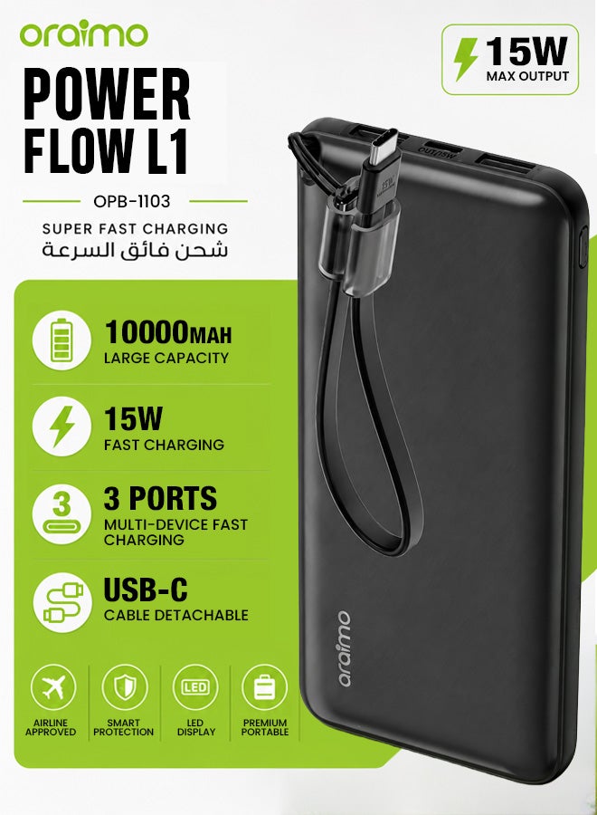 10000 mAh Large Capacity Power Bank With Detachable USB-C Cable, 15W USB-C + 2 USB-A Fast Charging Portable Charger Portable Size Compatible With iPad, iPhone 16, Galaxy S25 S24 Ultra, AirPods - OPB-1103 Black