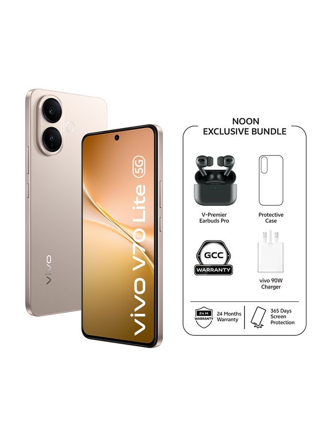vivo V70 Lite AI 5G Dual SIM Gold 8GB RAM 128GB With (90 W Charger Supporting) with Exclusive Gifts V-Premier TWS And 24 Months Warranty + 1 Year Screen Replacement - Middle East Version